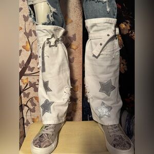 White Denim and Silver Star Embellished Leg Warmers